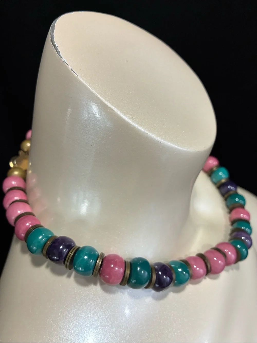 VTG Chunky Ceramic Pink, Teal & Purple Beaded Necklace with Antique Gold Spacers